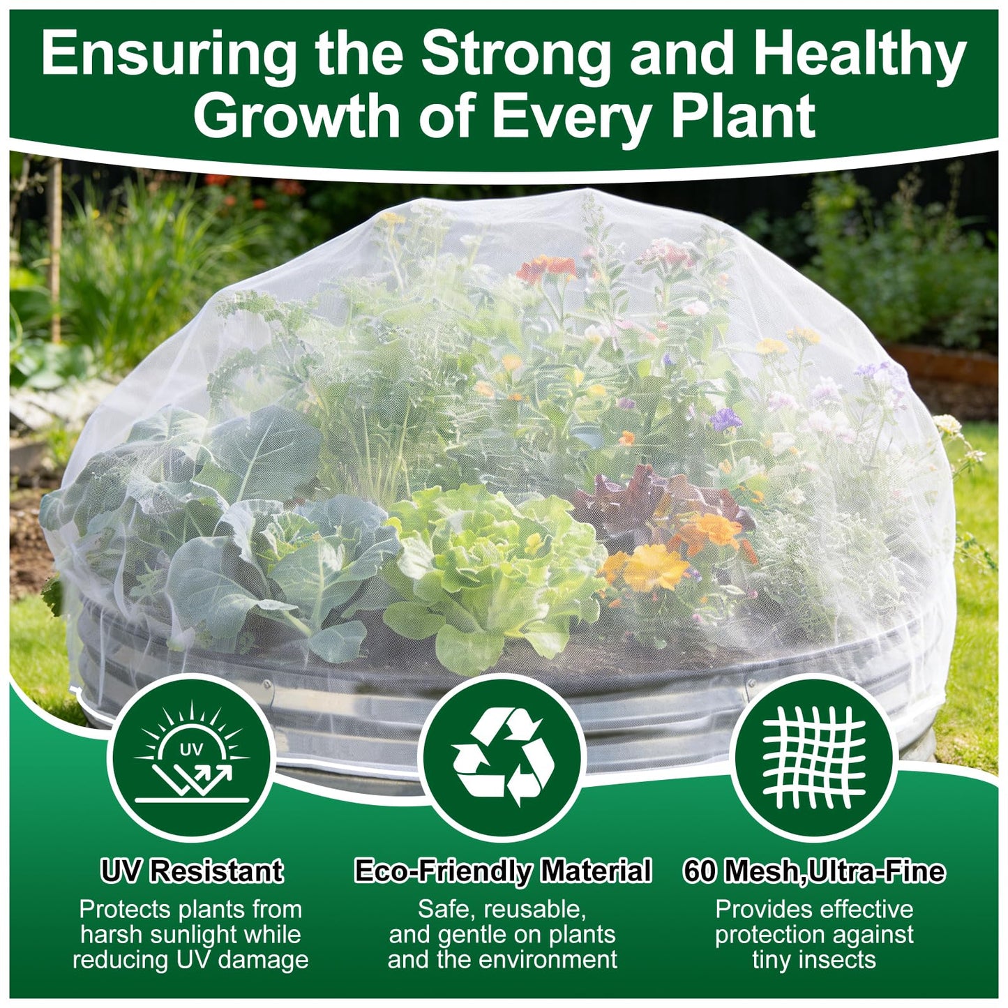 2 Pack Garden Netting for Raised Beds, Ultra-Fine Mesh Plant Covers with Drawstring, Bird, Pest & Small Animal Barrier for Vegetables, Fruits & Flowers, Fits 2 ft Dia x 1 ft H Round Raised Beds