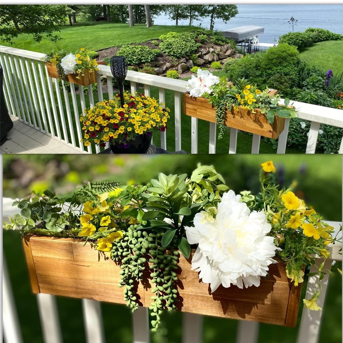 Patio Wise Acacia Wood Railing Planter Box, Outdoor Hanging Flower, Plant, & Herb Boxes, 20-Inch Wide x 5-Inch Tall x 4.5-Inch Deep Rectangular Porch, Deck, & Balcony Planters, Teak Color