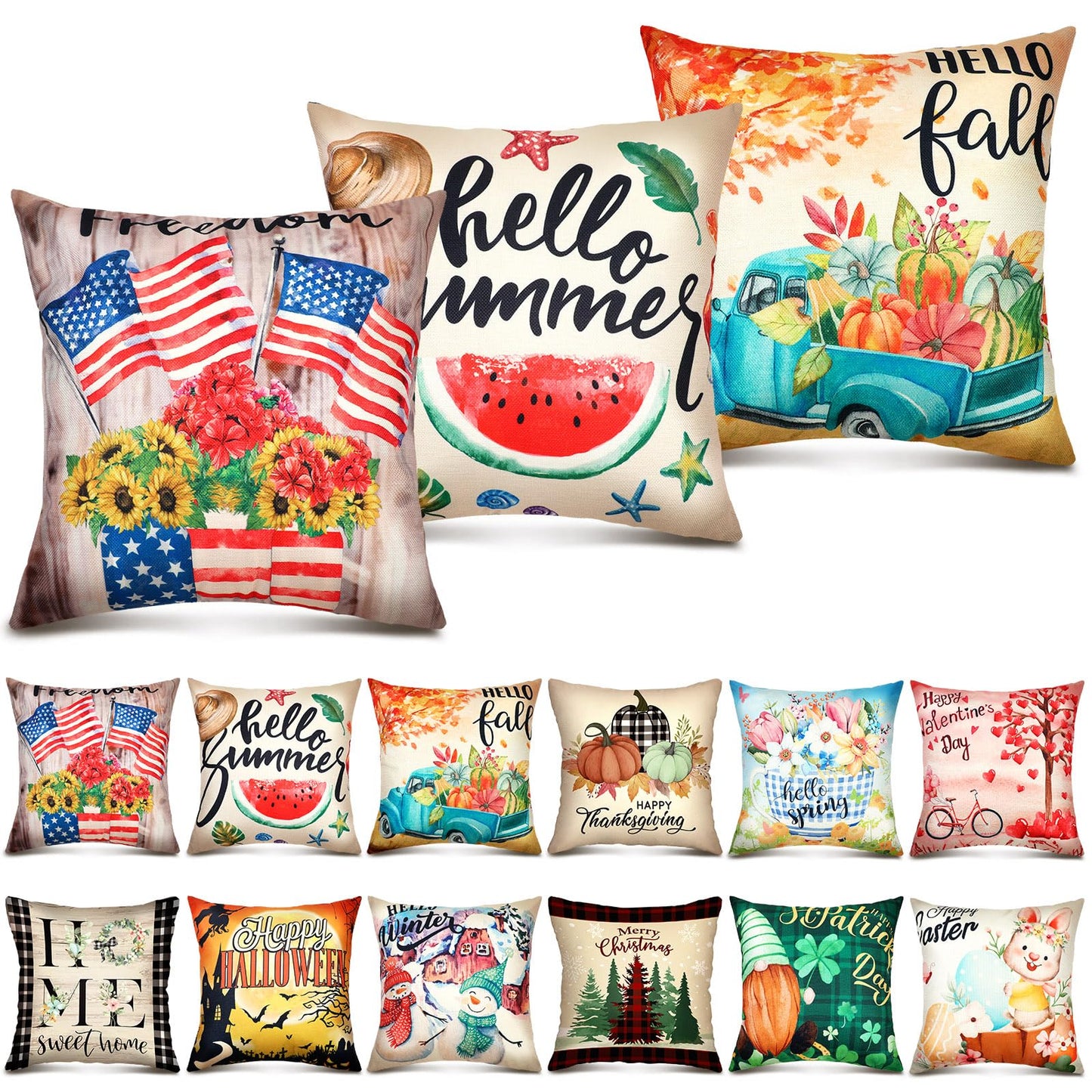 Newwiee 12 Sets Holiday Pillow Covers 18 x 18 Inch Easter Spring Seasonal Throw Pillow Covers Square Canvas Pillowcase for Spring Summer Home Office Farmhouse Bench Couch Holiday Sofa Decor(Classic)