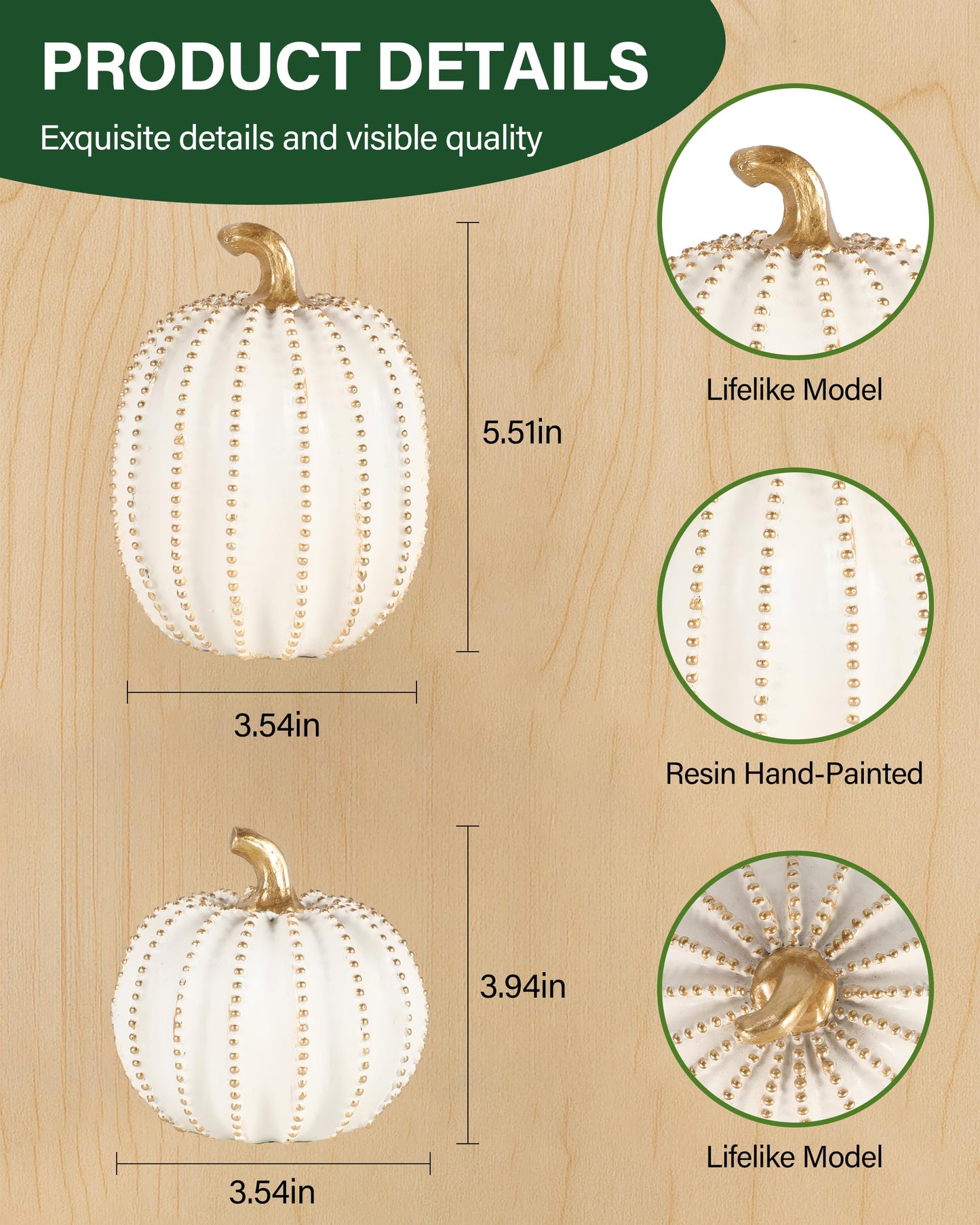 GoGnome Set of 2 White & Gold Decorative Pumpkins – Resin Fall Harvest Table Centerpiece, Elegant Autumn Décor for Thanksgiving Decoration Farmhouse Home (White)