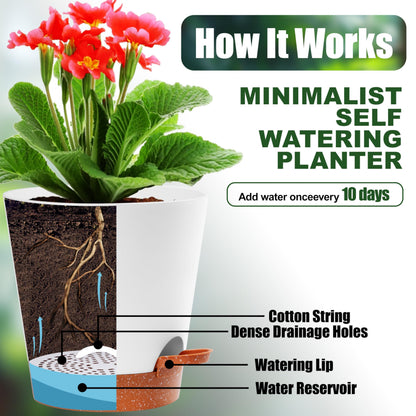 Self-Watering Plant Pots Set of 5 - 7", 6.5", 6.02", 5.55", 5.08" Draining Pots for Indoor and Outdoor plants with Drainage Holes, Soil Moisture Indicator & Saucer Reservoir - Modern White Design