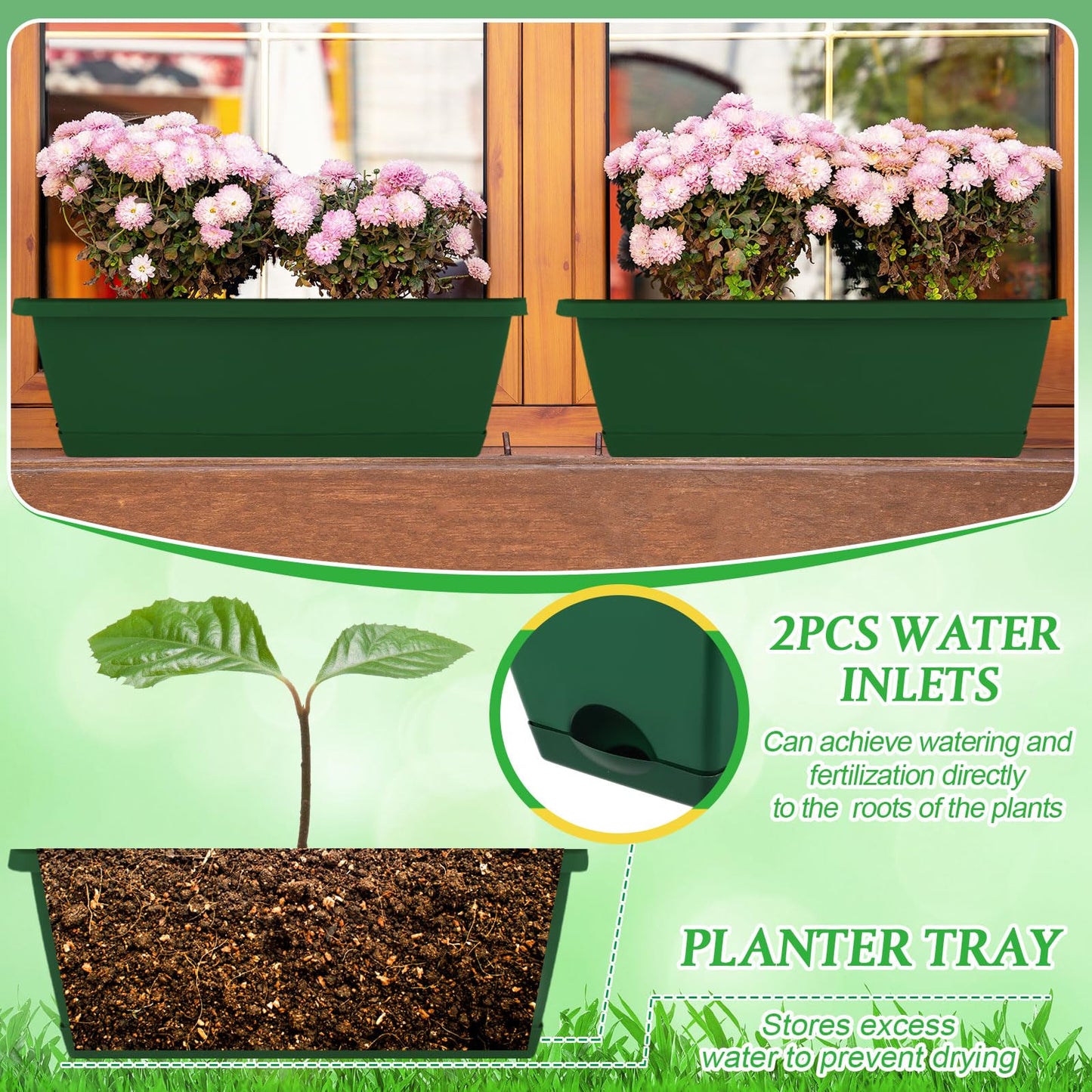 Funnymoom 8 Pack Plastic Hanging Flower Pots for Railing Fence Outdoor Planter 17 Inch Hanging Planter with Iron Brackets with Drainage Holes and Trays for Window Balconies Garden(Dark Green)