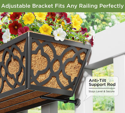 LAWYAMAI 4 Pack 30 Inch Railing Planter Box with Coco Liner, Adjustable Metal Window Box Planter for Balcony Deck Fence, Hanging Flower Basket for Outdoor Garden, Black