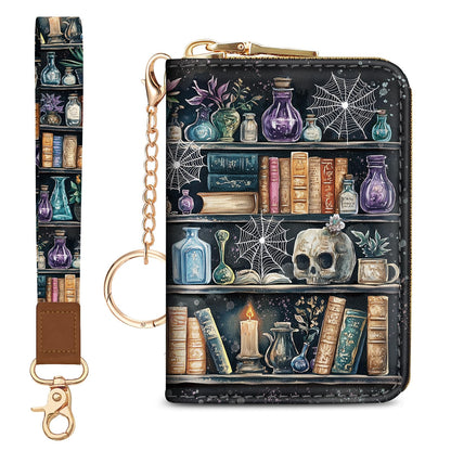 Credit Card Holder Small Wallets Woman, Goth Gothic RFID Wallet Keychain Wristlet for Women Zipper Lanyard, Funny Skull Bookshelf PU Leather Accordion Card Case Organizer Purse Witchy Gifts Ladies