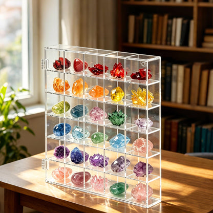 REZBLEATH 30 Grid Acrylic Clear Display Case Adjustable Crystal Display Shelf Rock Collection Box for Storage Crystals Stones and More, Wall Mounted Transparent Rock Display Box with Magnetic Lid