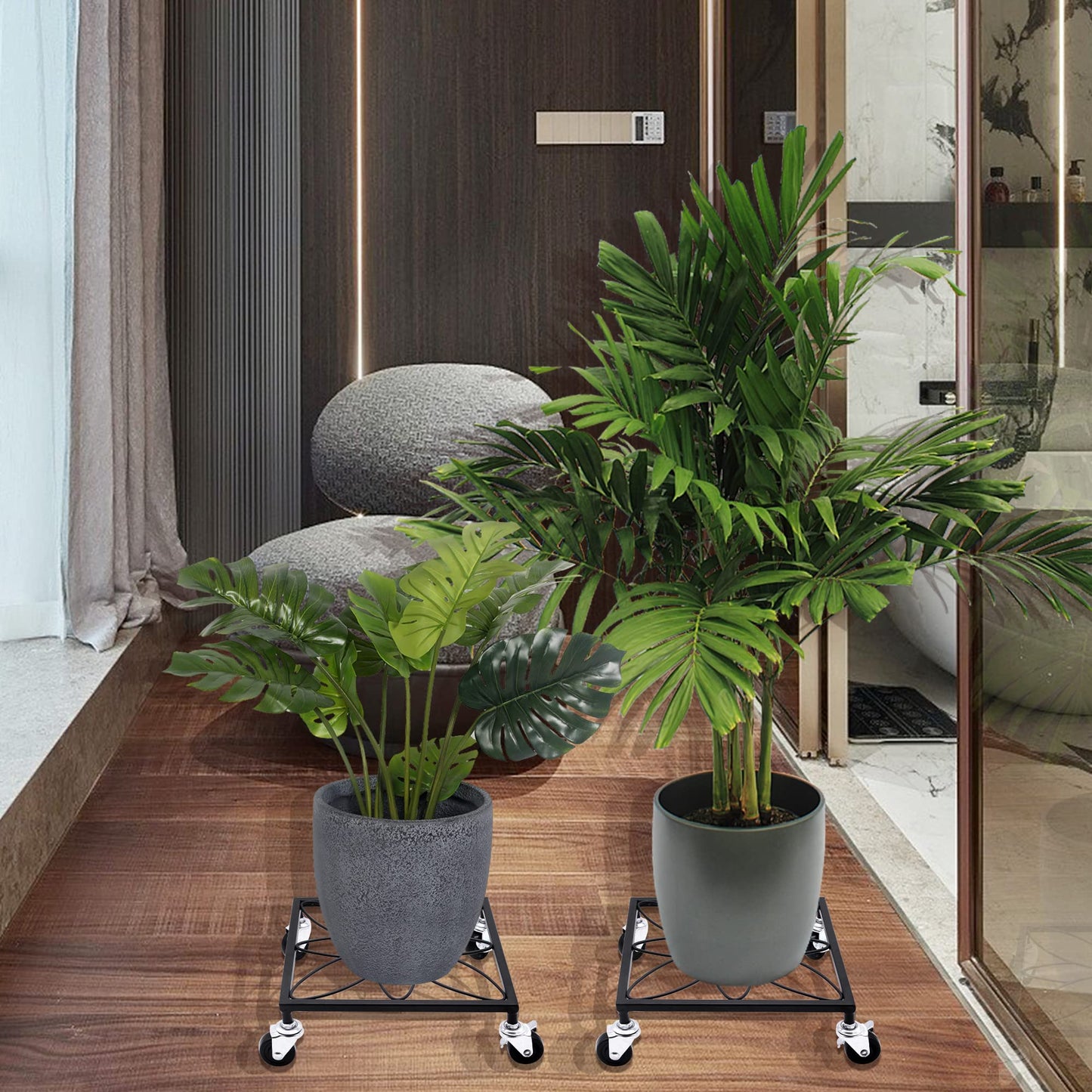 OFILLES 2pcs Black Metal Plant Stand with Wheels, Square Pattern Plant Caddy, Heavy Duty Plant Pot Stand for Indoor Outdoor