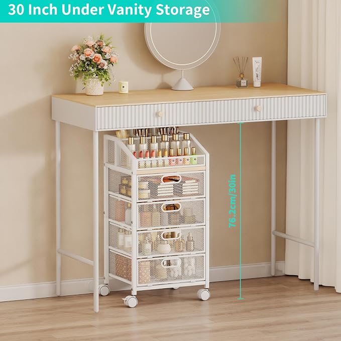 HapiRm Rolling Makeup Cart Organizer - Under Desk Makeup Storage with Wheels, Floor Make up Cart Skincare Organizers Desk Vanity Storage Organizer Cabinet for Cosmetics Makeup Brush Hair Tool, White
