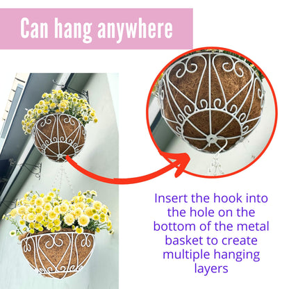 LaLaGreen Hanging Planter for Outdoor (18 Inch, 4 Pack) Large White Metal Wire Hanging Plant Planter with Coco Liner Round Garden Farmhouse Balcony Country Decor Flower Pot Hanger Deck Porch Modern