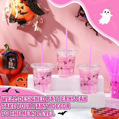 LemonRoad 50 Pcs 12oz Halloween Plastic Cups with Straws and Lids, Disposable Clear Party Cups Pumpkin Ghost Witch Drinking Set for Halloween Birthday Party Favors Supplies (Pink,Novel Style)