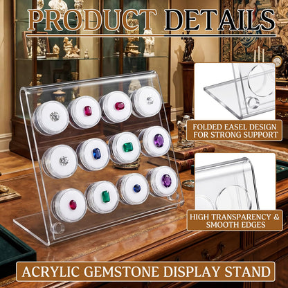 Yalikop Acrylic Gemstone Display Stand with 12 Clear Jars, Acrylic Easel Rack for Crystals, Stones, Rocks, Minerals, Jewelry Display, Clear Countertop Showcase Holder