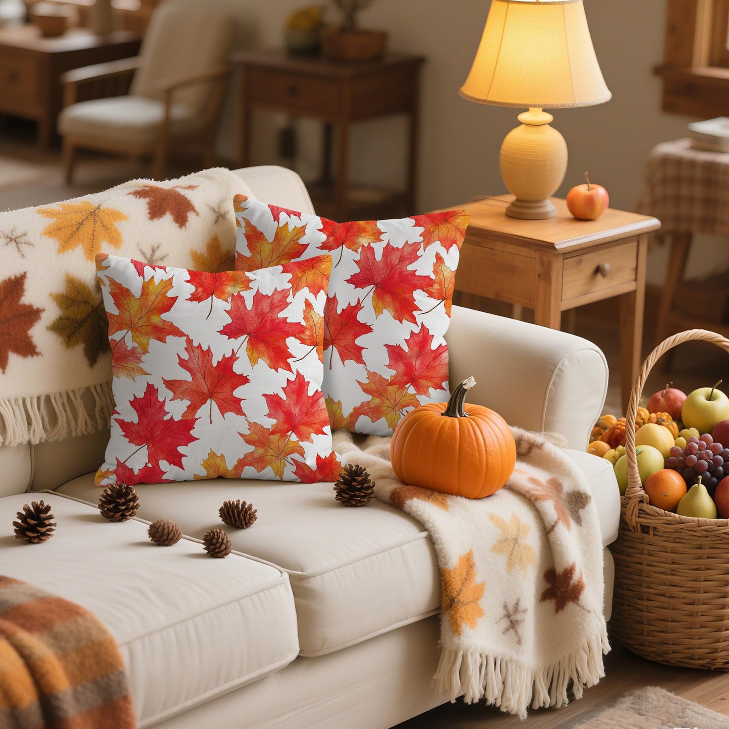 WitHero Fall Throw Pillow Covers 16x16 Inch Set of 2 – Double-Sided Maple Leaf Design on White Linen Pillowcases, Indoor Outdoor Autumn Decorative Cushion Covers for Sofa Couch Bed