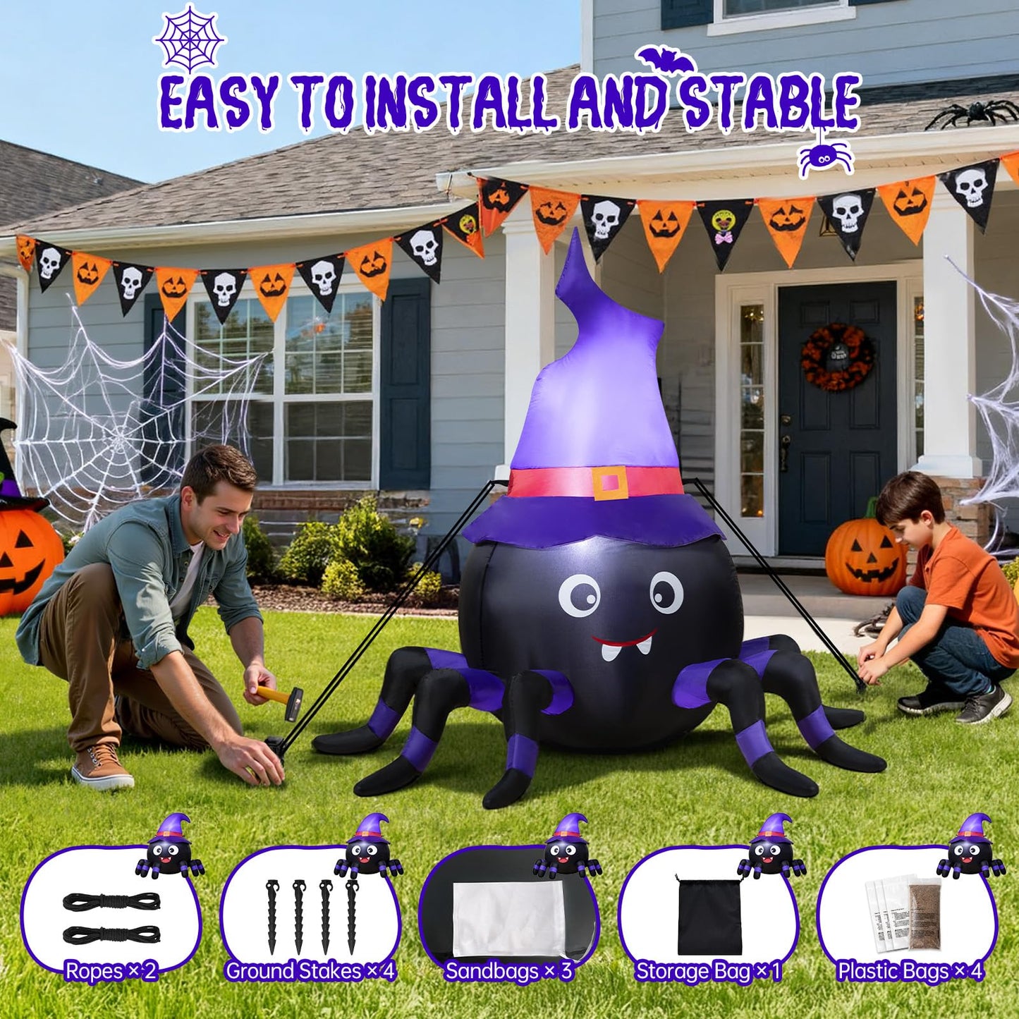 5FT Halloween Inflatable Spider with Witch Hat Outdoor Decoration, Blow Up Yard Inflatable Decorations with Built-in LED Lights for Garden/Lawn/Holiday/Home Party Decor