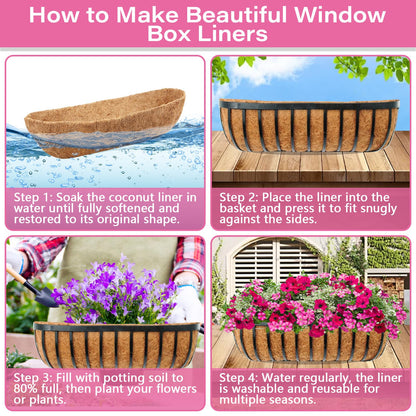 Legigo 4 Pack 24 Inch Natural Trough Coco Liner for Planters- Window Box Liners Coconut Basket Liners, Planter Box Coconut Liner for Window Flower Box Pots, Fence Trough Planter, Wall Planter Basket