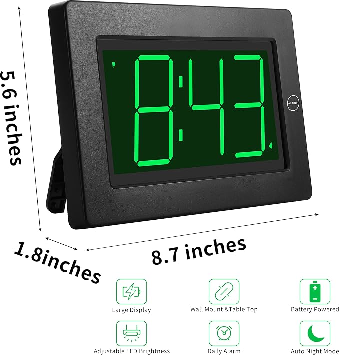 KWANWA Large Digital Alarm Clock, 3" LED Display Battery Operated, Dimmable Auto Night Mode, Easy to Read for Seniors Visually Impaired, Cordless Wall Clock or Table Clock for Bedroom Living Room
