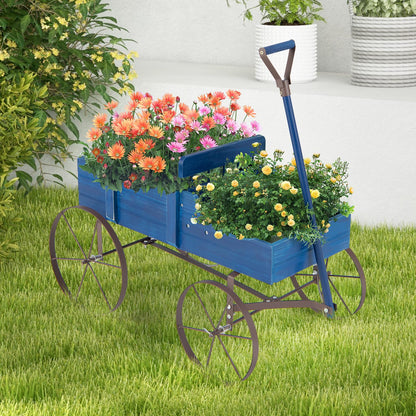 Giantex Decorative Garden Planter, Small Wagon Cart with Metal Wheels, Wood Raised Beds Plant Pot Stand for Backyard Garden Patio 24.5”Lx13.5”Wx24”H (Blue)