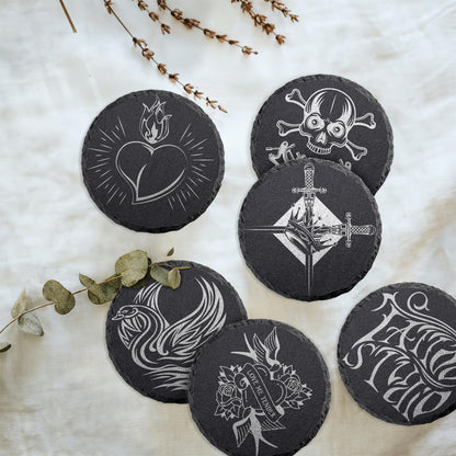 68 PCS Round Slate Drink Coasters Set, SIJDIEE 4 Inch Laser Engraving Black Slate Stone Coasters with Anti-Scratch Bottom and Coaster Holder for Office Bar Kitchen Home Dinner Table Decor Supplies