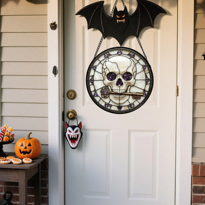 CRISGIF Stained Glass Window Hanging - Halloween Scary Skull Suncatcher for Doors Garden Home Spooky Purple Skeleton Key Sun Catchers Gothic Decor Horror Gifts for Women Men Friend Boy Girl 7.8 in