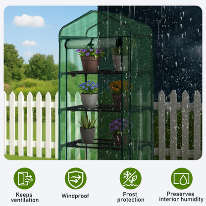 Outvita Mini Greenhouse, Small PE Plant Green House with 4 Tiers Rack, Shelf Clips, Roll-up Zipper Door, Gardening Supplies for Indoor Outdoor Seedling Frost Protection , 27"x19.6"x63" Green