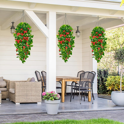 BLEUM CADE Artificial Hanging Flowers for Outdoors, 2pcs Fake Hanging Plants Pothos Vines with Red Flowers for Wall Home Living Room Indoor Outdoor Decor (No Baskets)