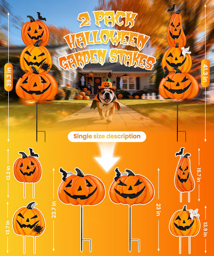 Beterzack 2 Pack Halloween Garden Stakes - Stacked Metal Pumpkins Jack-o-Lantern Lawn Decor, Scary Metal Yard Signs Stake Outdoor Decorative Pumpkin Home Lawn Pathway Decor