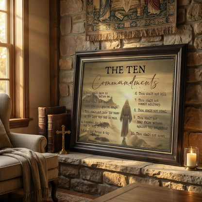 Dark Brown Framed The Ten Commandments Canvas Wall Art Jesus Christ Wall Decor Picture Christian Inspirational Quotes Poster Print Painting for Church Living Room Bedroom Home Decoration