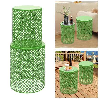 CAIHAOA Set of 2 Outdoor Side Table, Heavy Duty Metal Frame Accent Table, Decorative Garden Stool, Wood Circle Embossed Design, Plant Stand Living Room Garden Stool, Indoor Outdoor Using, Green