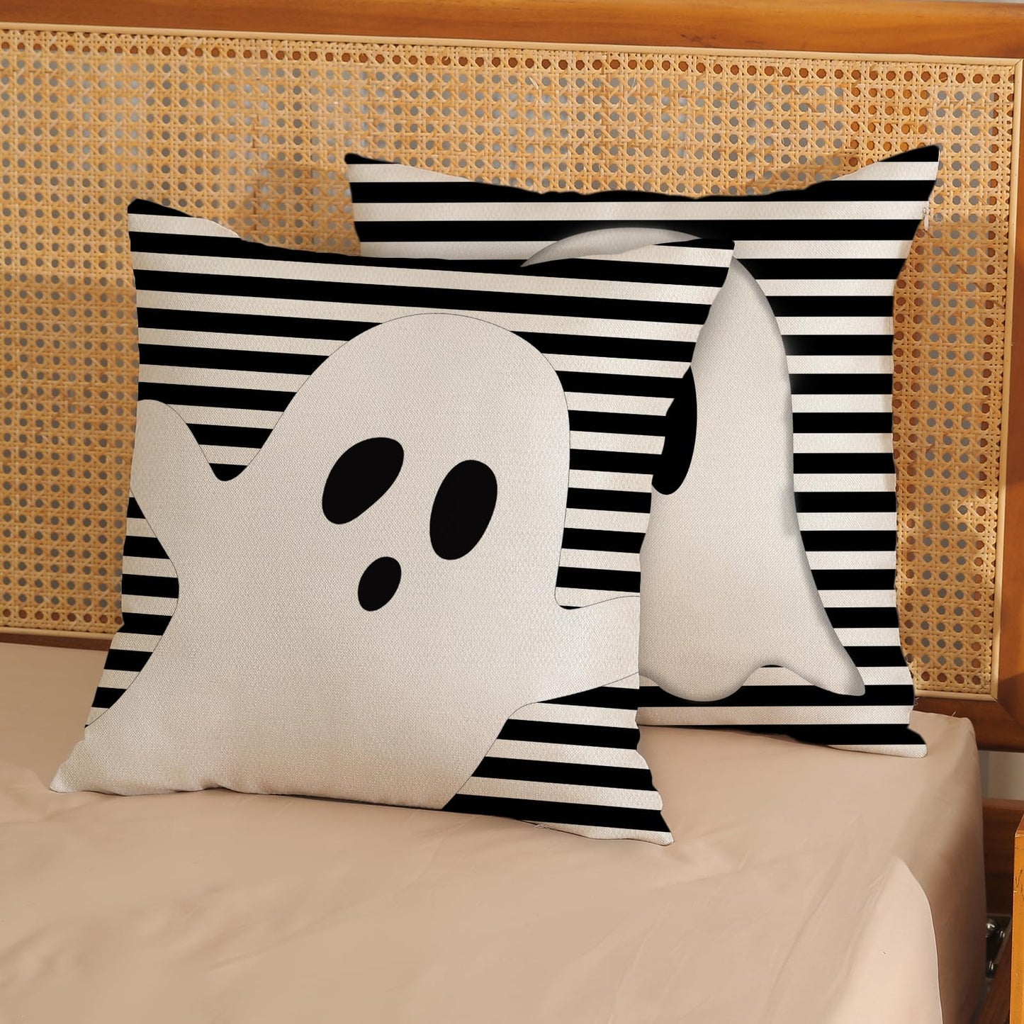 DAFENA Halloween Pillow Covers 18x18 Inch 2 Pcs Black Striped Cream Cute Spooky Ghost Fall Decor Throw Pillows Autumn Outdoor Seasonal Decoration Pillowcase Linen Cushion Cover for Couch Sofa