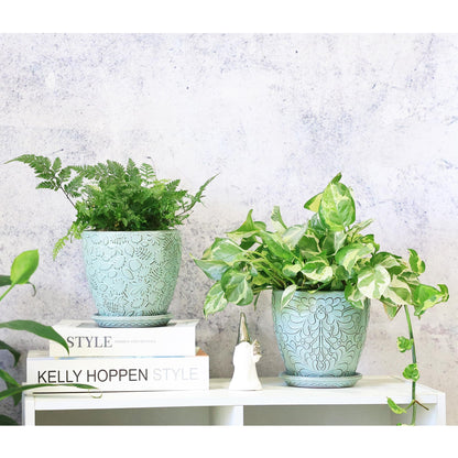 Bestseler 6 Inch Retro Ceramic Planter Set of 2 with Drainage Hole and Saucer for Plants, Indoor-Outdoor Garden Pots for Succulent, Orchid, and Flower (Fits Inner Pots Up to 5 Inches, Retro Green)