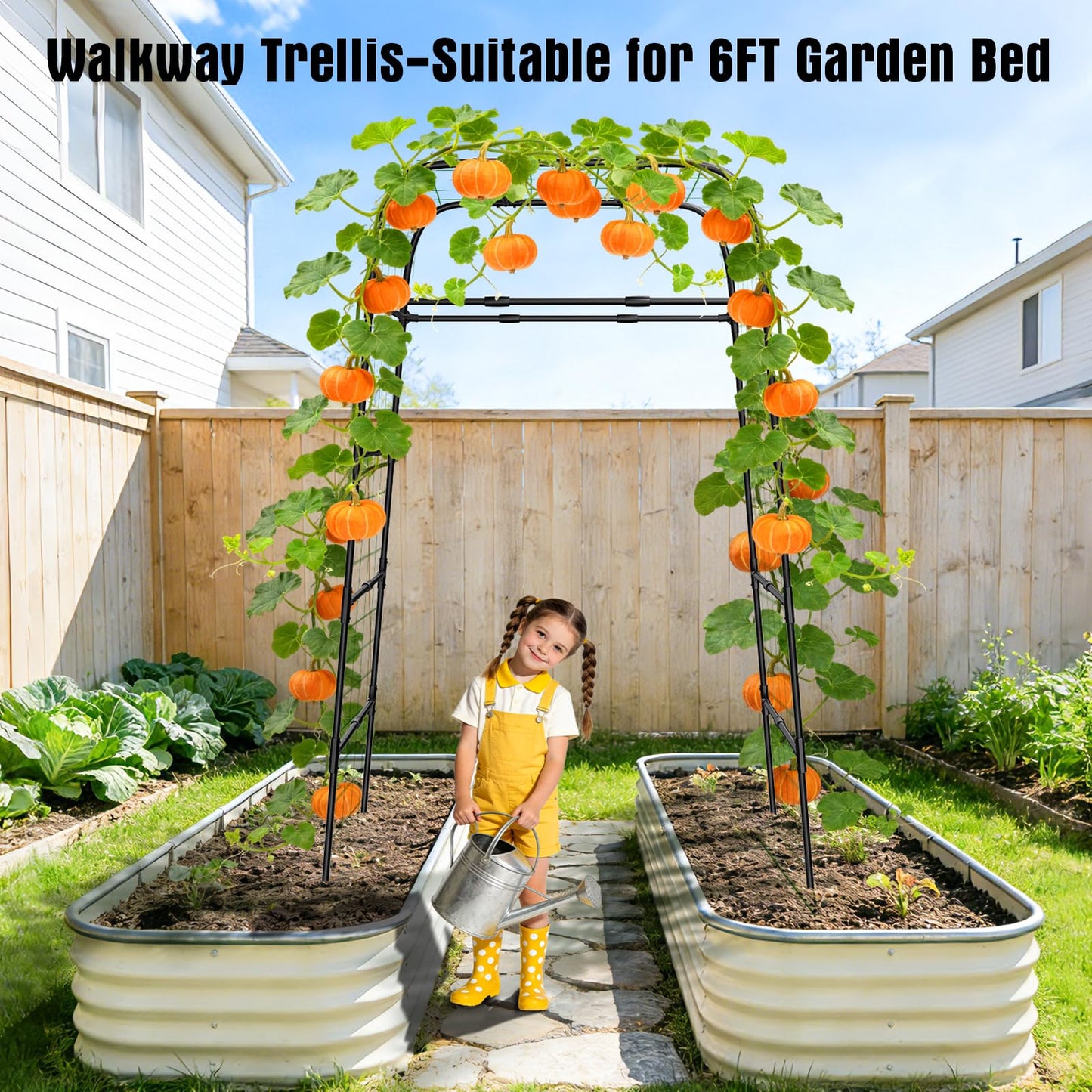 7ft Garden Arch Trellis for Climbing Plants Outdoor-Heavy Duty Metal Cucumber Trellis for Raised Beds- Tall Steel Vegetable Arbor for Climbing Vine Fruit Flower Yard Lawn Arch Tunnel Trellis