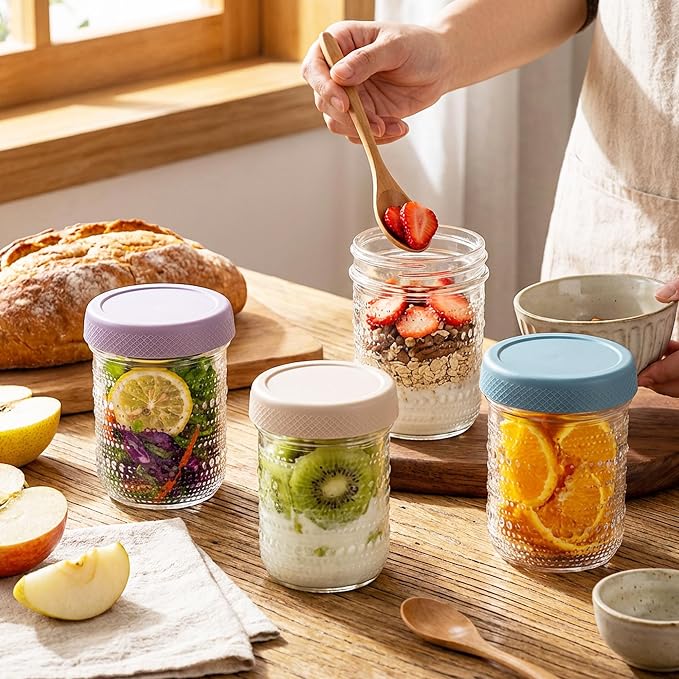 WACOI Overnight Oats Containers 16oz with Lids, 6 Pack Wide Mouth Mason Jars with Airtight Lids, Glass Food Storage Containers for Pickling, Fermenting, Snacks, Salad, Yogurt, Spice