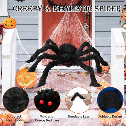 AYSOW 275" Halloween Triangle Spider Web and 59" Giant Spider Decorations Set with Stretch Cobweb - Halloween Party Supplies for Indoor Home Yard Patio Garden Haunted House Decor
