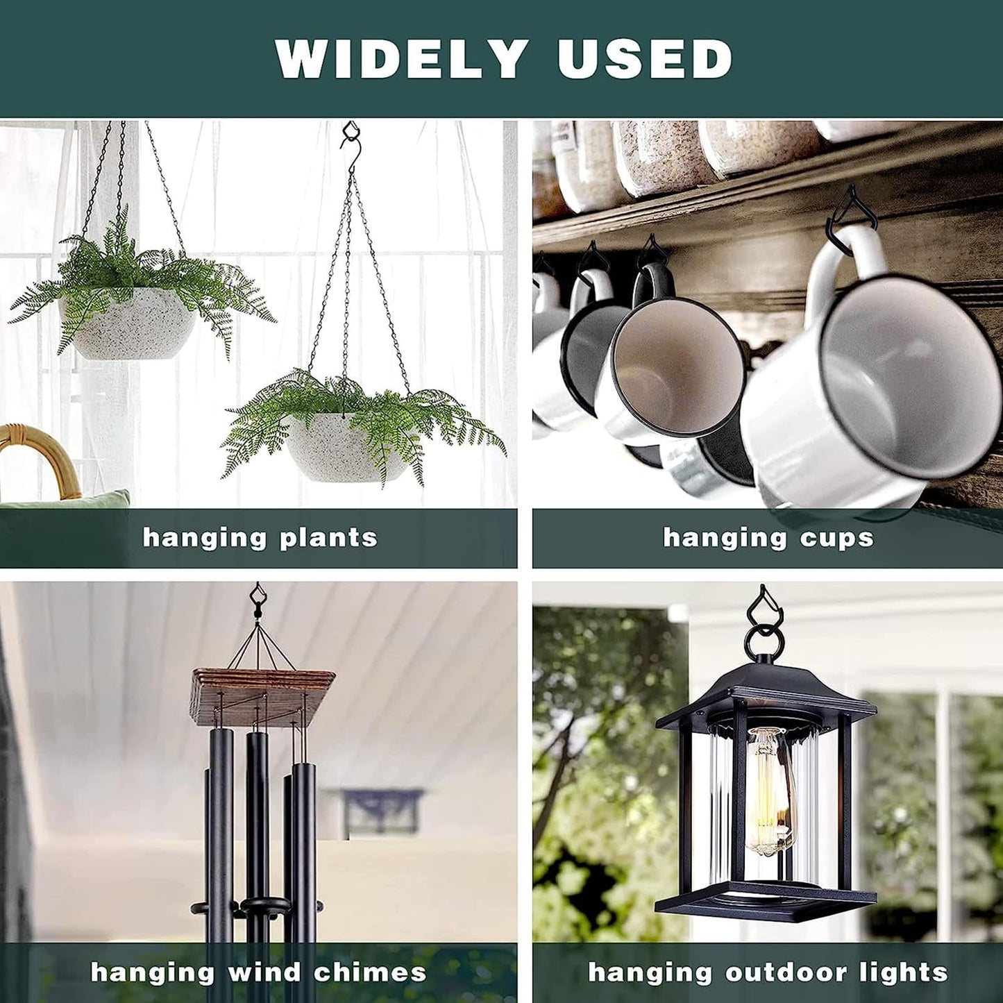 Ticway 30 Pcs Outdoor Hooks for String Lights,Screw Hooks for Hanging Plants,Ceiling Hooks with Safety Buckle,Square Hanger for Wind Chimes,Bird Feeder,Lanterns,Christmas Decorations (Black)