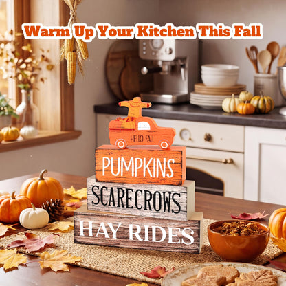 4 Pcs Fall Decor Wooden Tiered Tray Decor, Pumpkins Car Autumn Decorations Gifts for Home, Thanksgiving Table Centerpiece for Autumn Harvest Party Kitchen