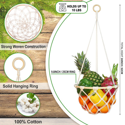Single Tier Macrame Hanging Fruit Basket, Boho Vegetable Holder for Kitchen Food Storage with Hook, Bohemian Cotton Produce Organizer, Plant Hanger Decor for Home Bathroom Bedroom Women Christmas Gift