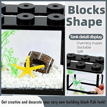 Small Betta Fish Tank, Stackable Mini Fish Tank Tiny Aquarium Kit with Aquarium Gravel & Resin Decorations, 0.6 Gallon Cube Desktop Fishbowl for Snails, Crabs, Starfish (Black)