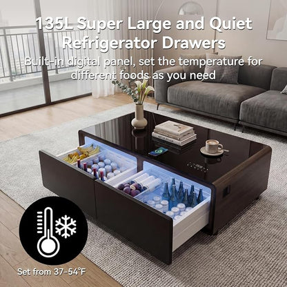 LIVTAB Smart Coffee Table, 27.8" D x 51" W x 18.1" H, Living Room Table with Built in Fridge and Speakers, Smart Table with 15W Wireless Charging, USB Chargers and 110V Outlets (Brown)