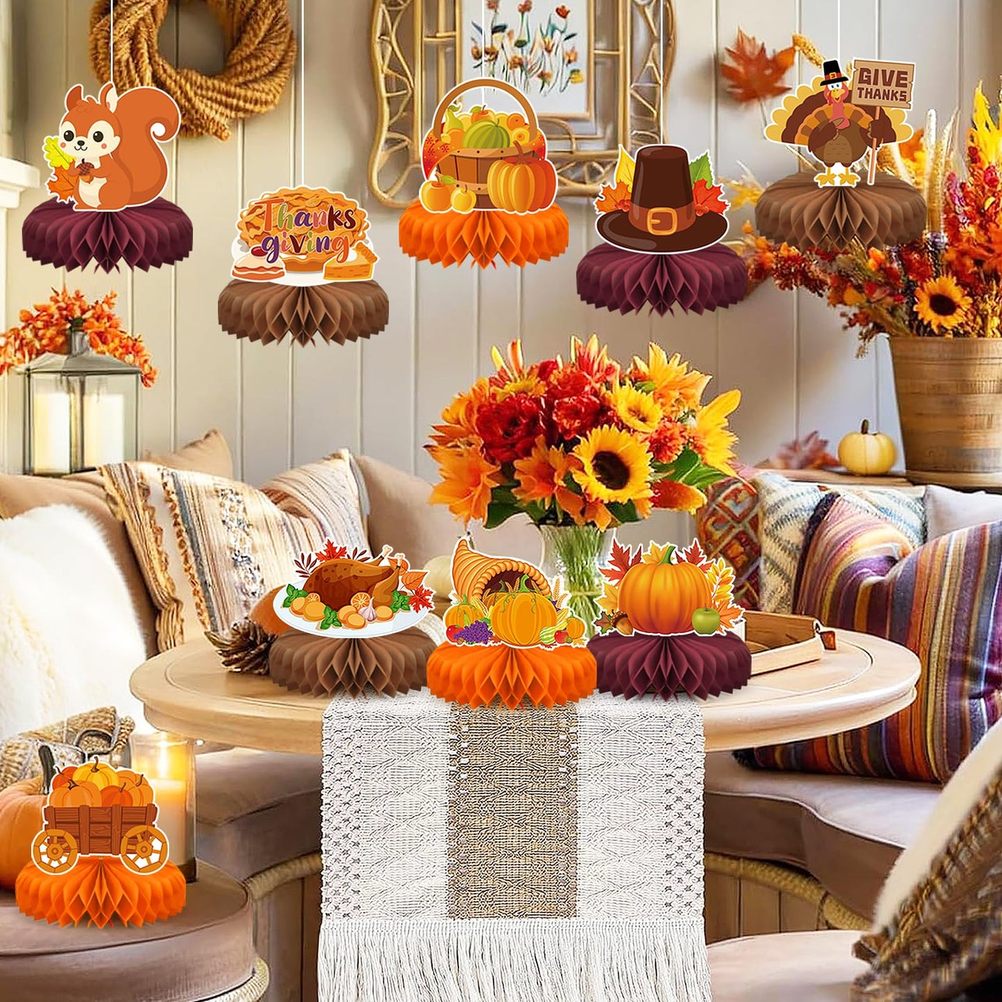9 PCS Thanksgiving Party Decorations,Fall Honeycomb Centerpieces for Tables,Honeycomb Centerpieces for Autumn Thanksgiving Birthday Party Supplies Table Decorations