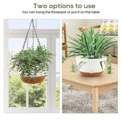 Dovesail 8.3 Inch Hanging Planter, 3 Pack Hanging Plastic Plant Self Watering Pot with Drainage Holes and Saucers, Hanging Baskets Flower Pots for Indoor Outdoor Garden Plants and Flowers-White