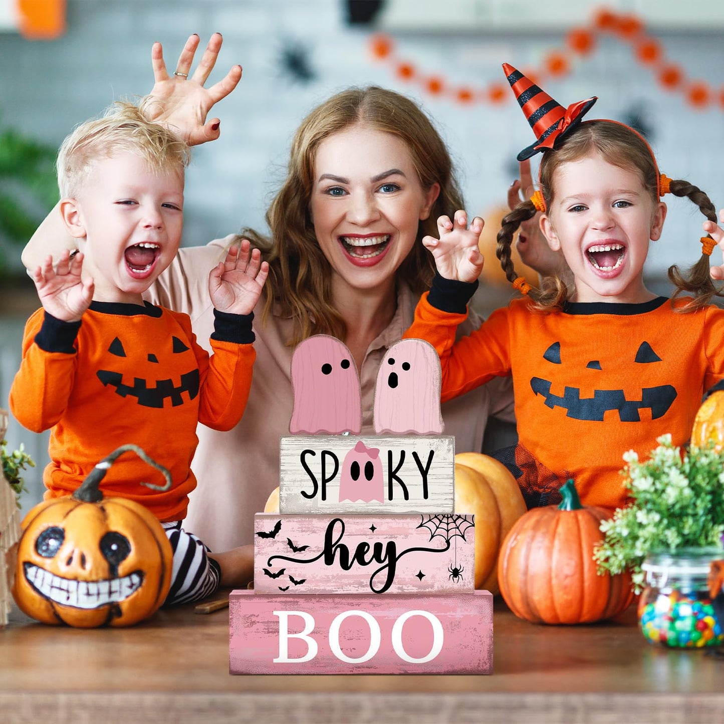 Lineshading 4 Pcs Pink Halloween Decor Ghost Table Decorations Halloween Tiered Tray Decor Farmhouse Ghost Tabletop Centerpiece Rustic Pink Block Sign Gift for Home Kitchen Shelf Office Mantel