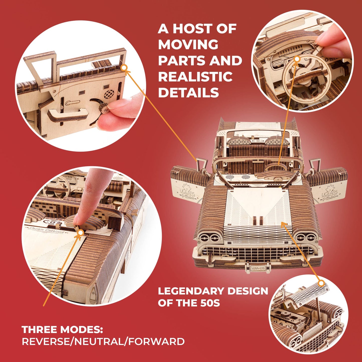 UGEARS Dream Cabriolet VM-05 Wooden 3D Puzzles for Adults - 3D Wooden Puzzles for Adults - Mechanical Model Car Kit - Retro 1950s Inspired DIY Craft, 3D Puzzle