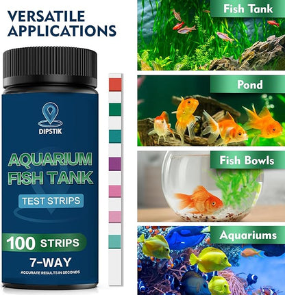 DIPSTIK Aquarium Test Strips, 7-Way Freshwater Saltwater Fish Tank Pond Test Kit, 100 Strips, Nitrate, Nitrite, Chlorine, Hardness, Alkalinity, Carbonate, pH