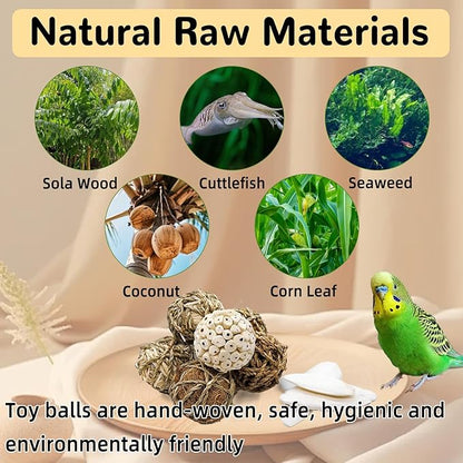 Bird Toys Sola Balls Parakeet Toys Natural Soft Chew Grass Balls with Cuttlebone for Parrots Conures Rabbits Hamster Guinea Pig Chinchilla(Style 2, 18 PCS)