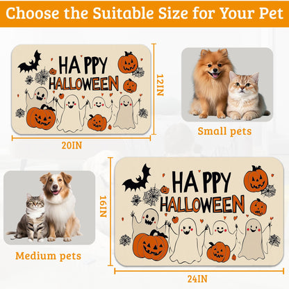 Pumpking Bat Dog Cat Food Mat,Halloween Absorbent Waterproof Placemat for Food and Water Non Slip Rubber Backing Durable Feeding Pad for Clean Floors 12" x 20"