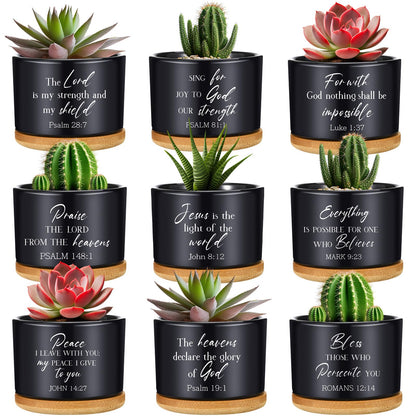 RimCereal 9 Pcs Inspirational Bible Verse Gifts Black Ceramic Succulent Pots with Bamboo Saucers Christian Decor Perfect Religious Gift for Home Office for Mother's Day Graduation Teachers Nurses
