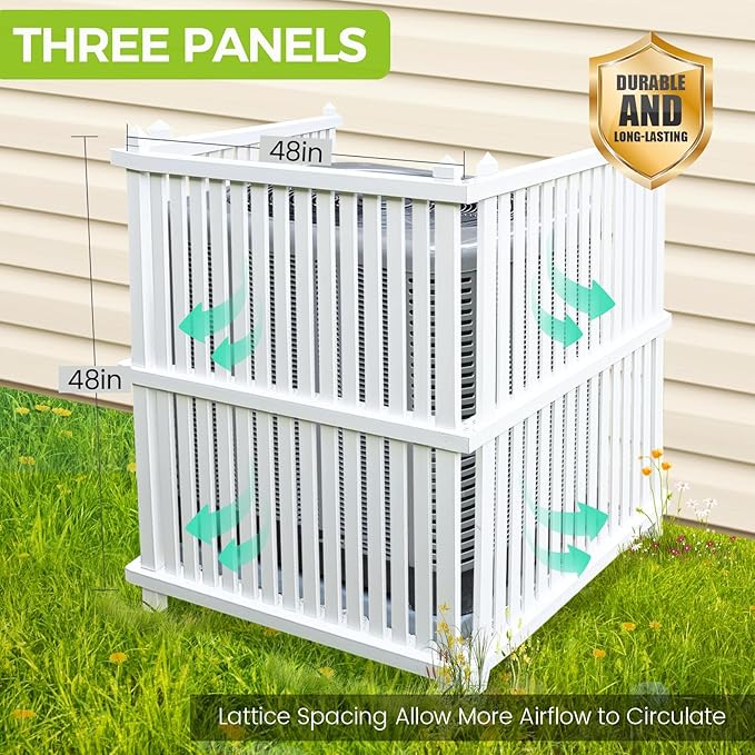 Air Conditioner Fence 48" W X 48" H Trash Can Fence Pool Equipment Enclosure Vinyl Privacy Fence Outdoor No Dig Privacy Fence 3 Panels with Metal Stake, White
