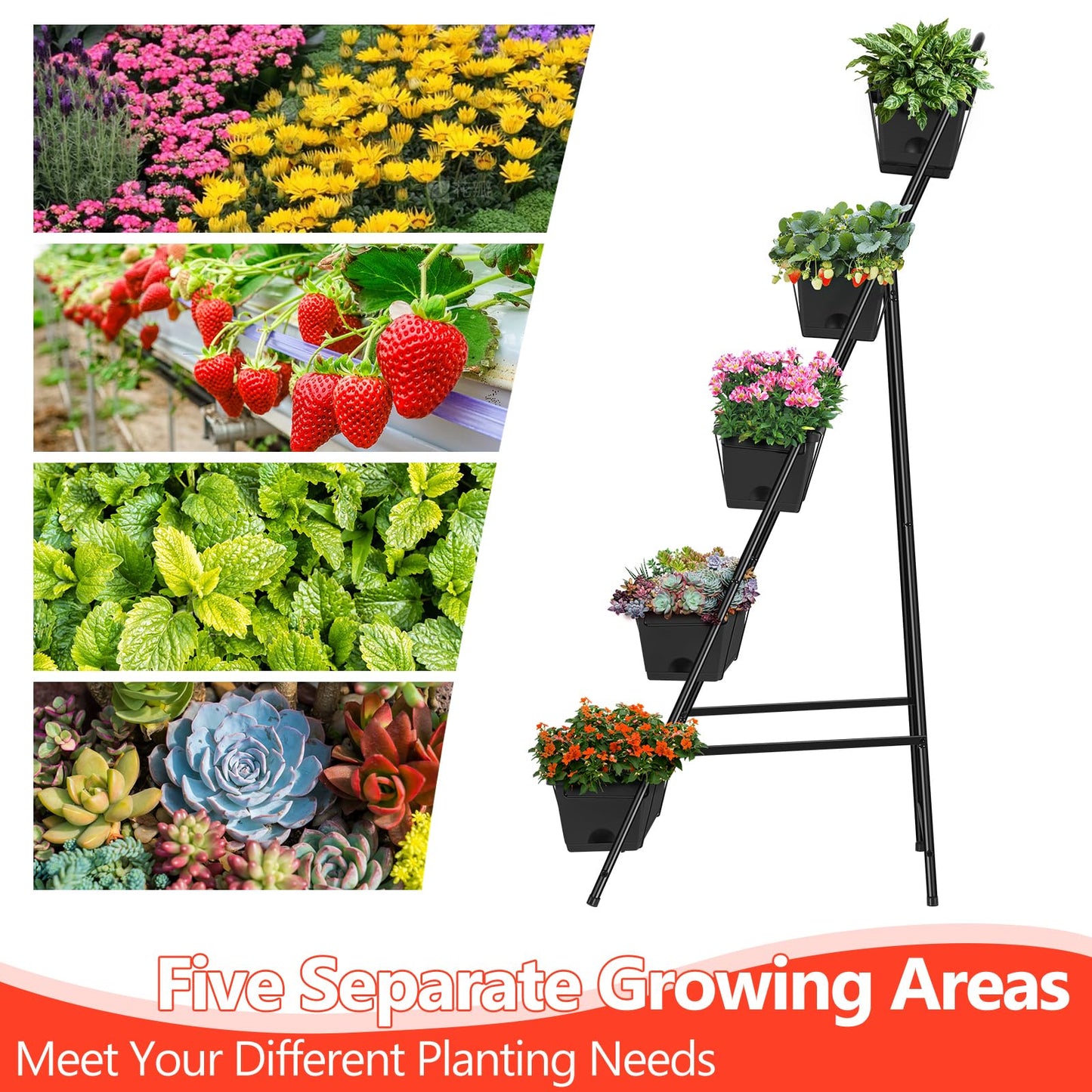 Vertical Garden Planter 5 Tiers Raised Garden Bed Outdoor Standing Herb Garden Planter with Drainage Holes and Removable Tray Planters for Outdoor Plants Vegetables Flowers Black