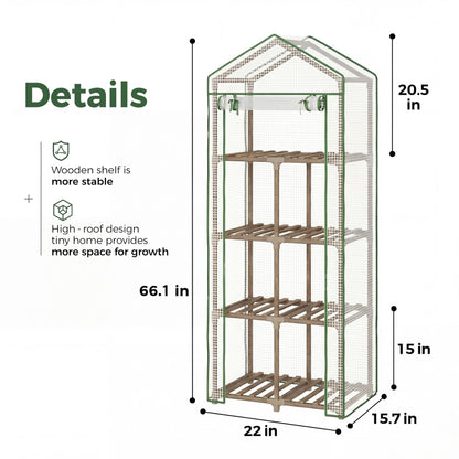 4 Tier Bamworld Mini Greenhouse for Outdoor Indoor 22 x 16 x 66-Inch Portable Greenhouses with Reusable PE Cover Small Greenhouse Kit for Outside Heavy Duty Patio Wooden Greenhouse Tent