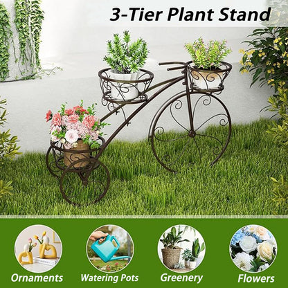 Planter Potted Holder Tricycle Plant Stand, Parisian Style Flower Display Stand Cart,3-Tier Metal Plant Stand Bicycle Flower Pot Cart with Hollowed Baskets for Patio,Garden,Deck,Lawn(Black)