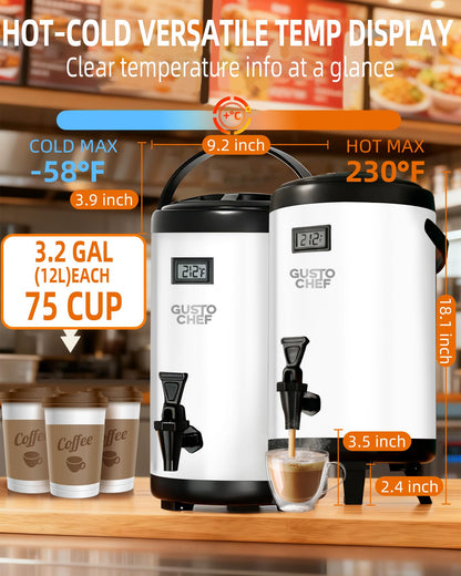 GUSTOCHEF Insulated Beverage Dispenser 3 Gallon,Hot&Cold Drink Dispenser with Spigot,LCD Thermometer,Stainless Steel Triple-Layer Insulation,for Tea Coffee Milk Juice,Party Buffet(Silver, 1 Pack)