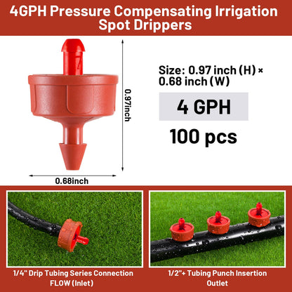 100 PCS 4 GPH Pressure Compensating Drip Irrigation Spot Dripper, Max Flow Drip Irrigation Emitters Heads for Dry Soil Thirsty Plants, Irrigation Drippers Parts for Arid Area Outdoor Irrigation